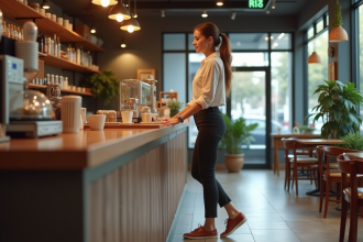 Femme en chaussures confort dans un café moderne