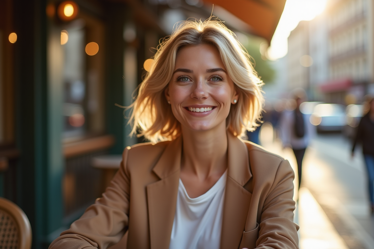 Femme confiante aux cheveux courts dans un café ensoleille