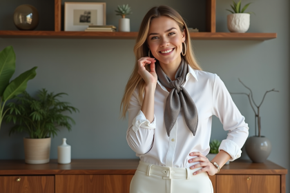 Femme &eacute;l&eacute;gante en blouse blanche et foulard ajustant ses boucles d'oreilles