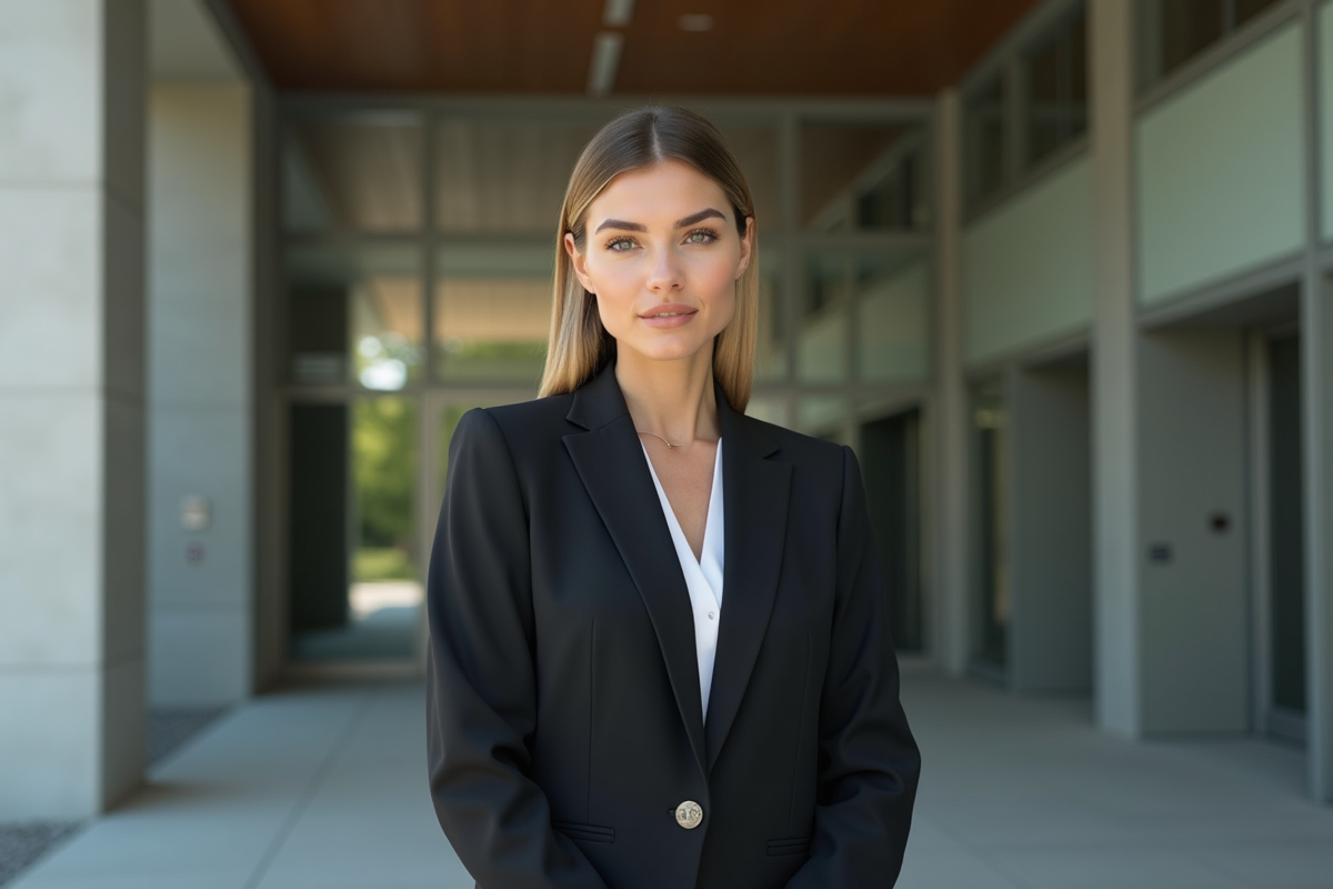 Femme élégante en costume debout devant un bâtiment moderne