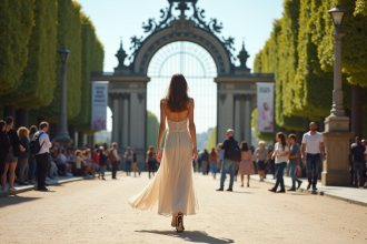 Femme élégante marchant devant le Grand Palais à Paris