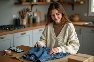 Jeune femme emballant des vêtements pour une vente Vinted avec frais de port gratuits