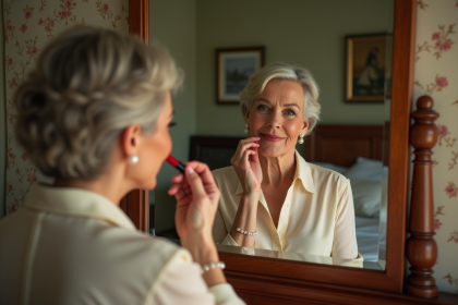 Femme élégante de 60 ans appliquant du rouge à lèvres dans sa chambre