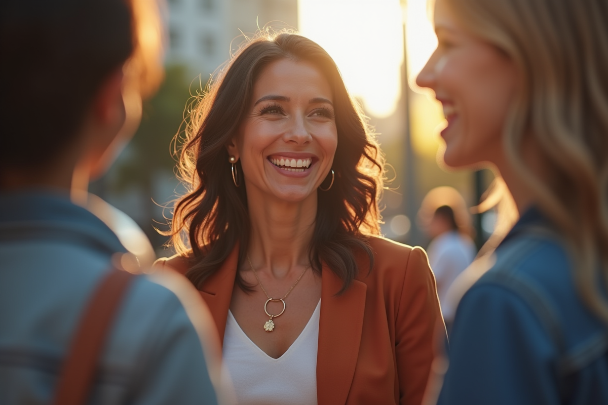 Femme souriante interagissant en extérieur en ville