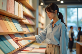 Femme japonaise en blouse bleue touchant un papier washi coloré
