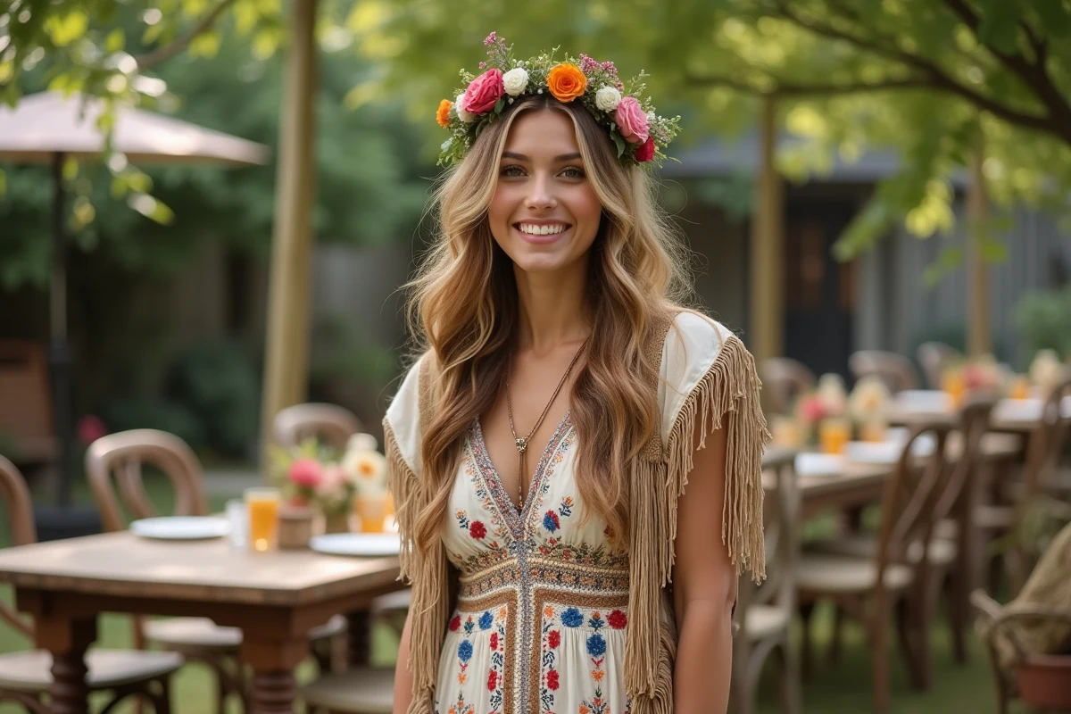 Jeune femme en robe boheme ajustant une couronne de fleurs lors d'un mariage en plein air