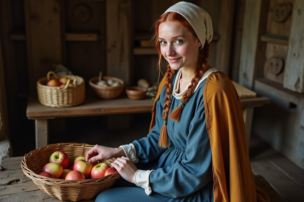 Jeune femme médiévale avec coif et panier de pommes