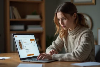 Femme méfiante devant un écran d'achat en ligne avec des frais suspects dans le panier d'un site de vêtements