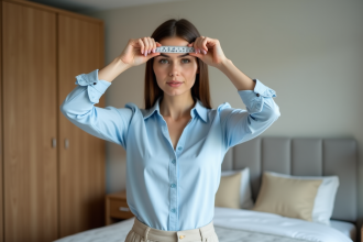 Femme mesurant son visage avec un ruban dans une chambre moderne