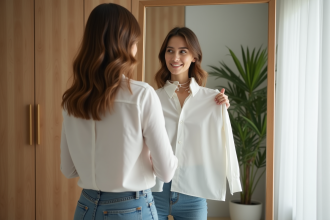 Femme regardant ses vêtements dans un miroir moderne