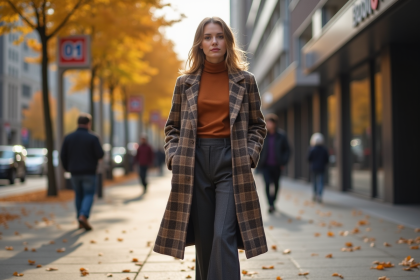 Femme élégante en manteau plaid automne en ville