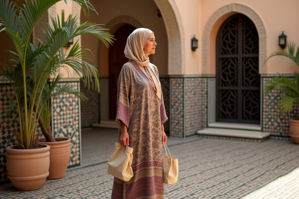 Femme marocaine sans foulard dans une cour en mosaïque