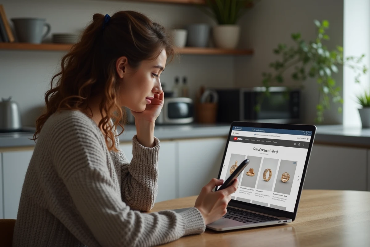 Femme regardant un ordinateur avec une boutique de bijoux en ligne