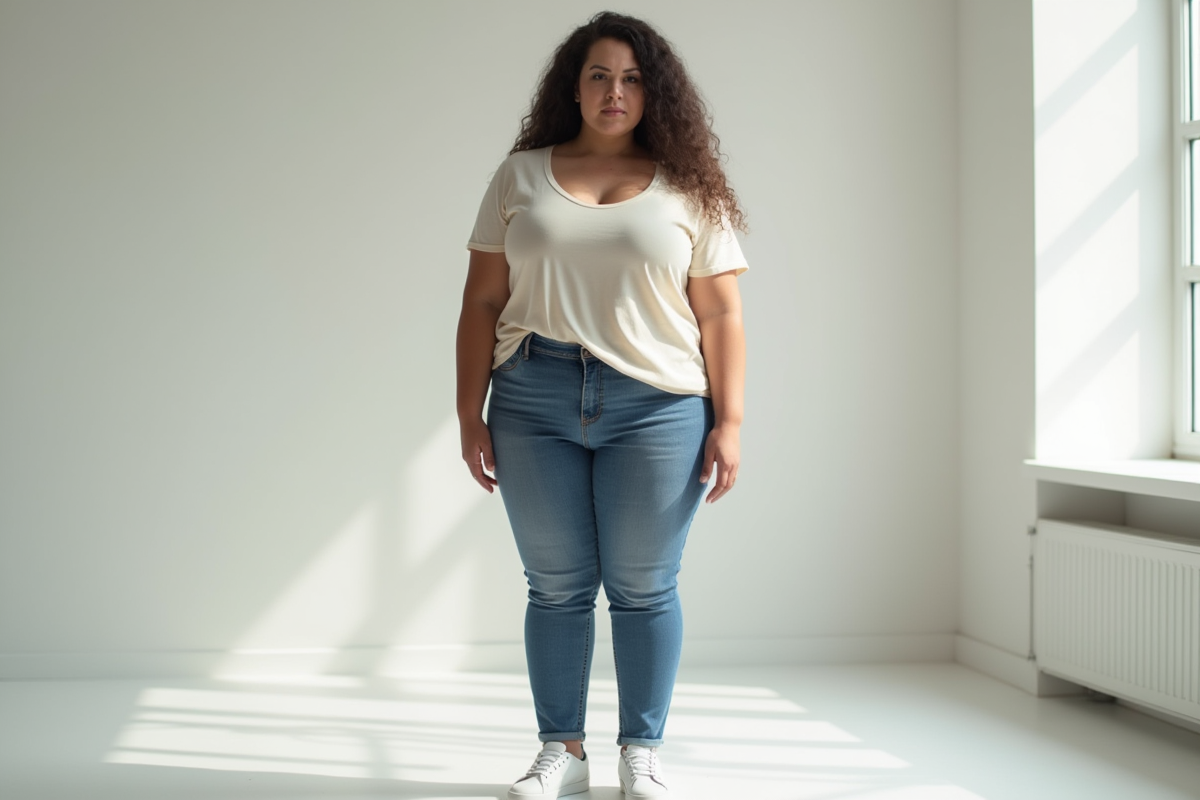 Femme grande taille en vêtements décontractés dans un studio lumineux