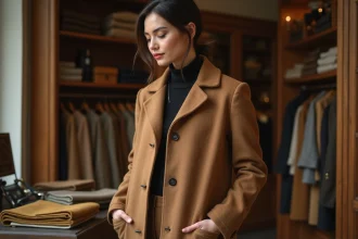 Femme examinant les poches cousues de son manteau en laine camel dans une boutique de tailleur parisienne