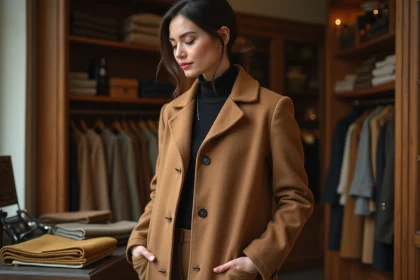 Femme examinant les poches cousues de son manteau en laine camel dans une boutique de tailleur parisienne