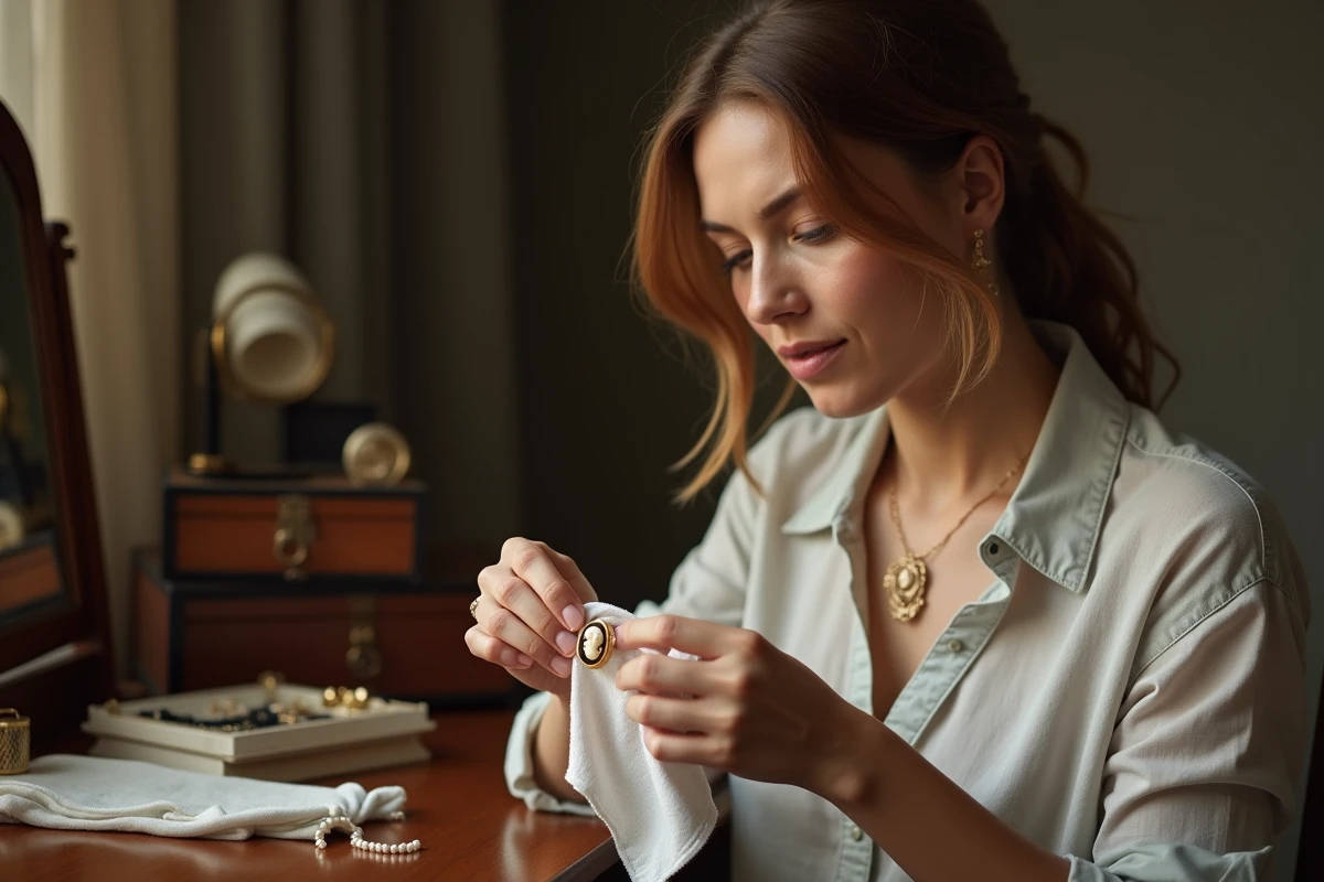 Femme entretenant son pendentif camée en or avec un chiffon doux devant une coiffeuse vintage, soin et conservation d'un bijou précieux