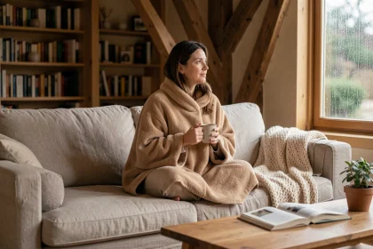 Femme portant un poncho polaire beige en position cocooning sur un canapé en lin, tenant une tasse en céramique dans un salon chaleureux aux poutres apparentes