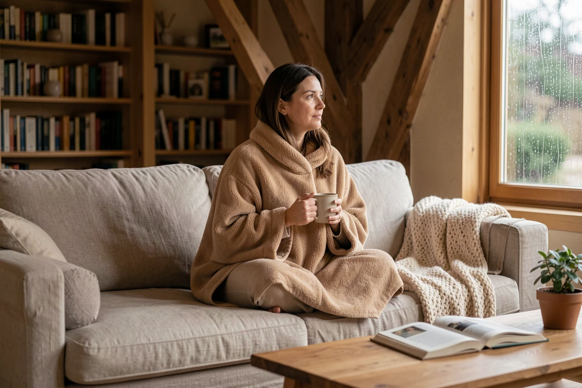 Femme portant un poncho polaire beige en position cocooning sur un canapé en lin, tenant une tasse en céramique dans un salon chaleureux aux poutres apparentes