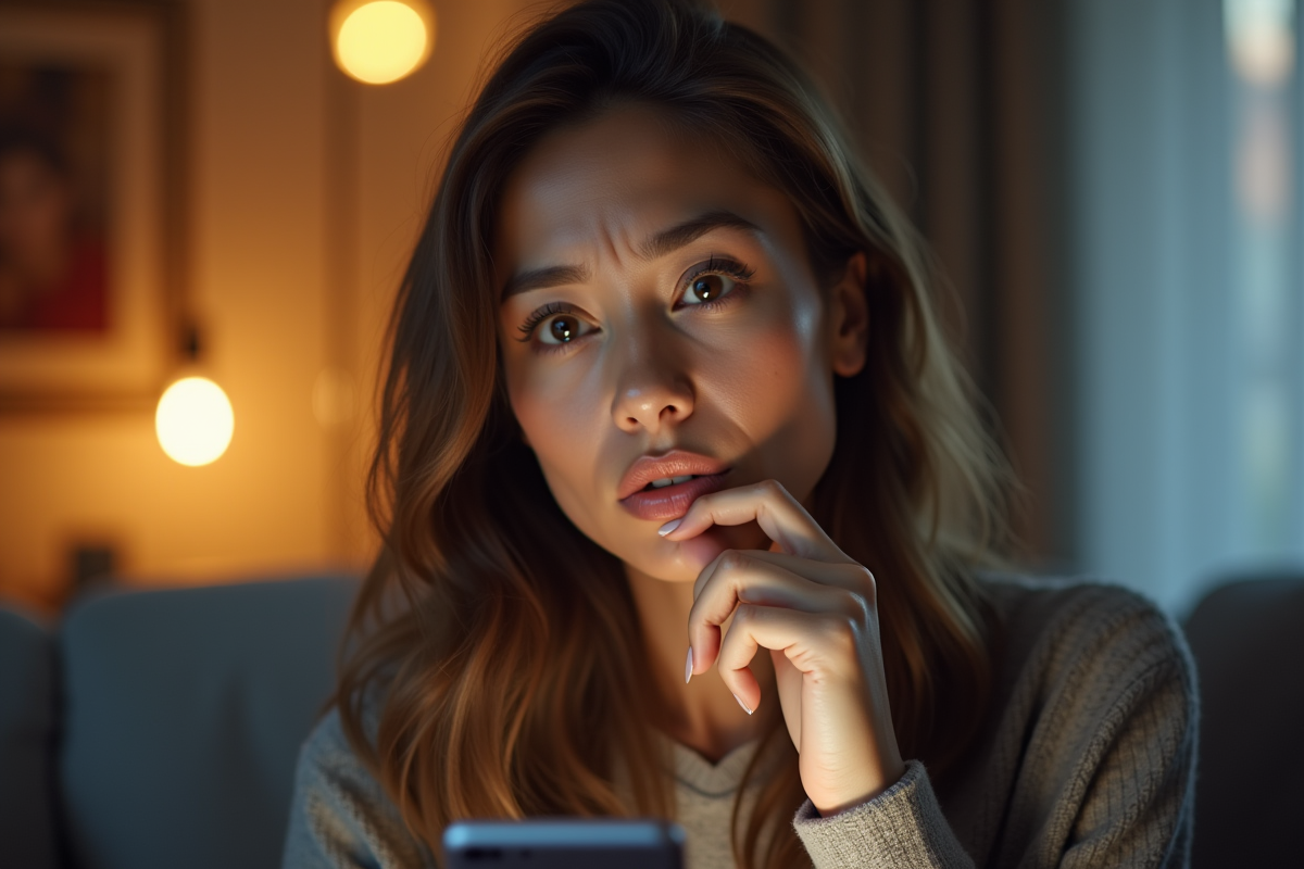 Femme pensante tenant un smartphone avec Zalando