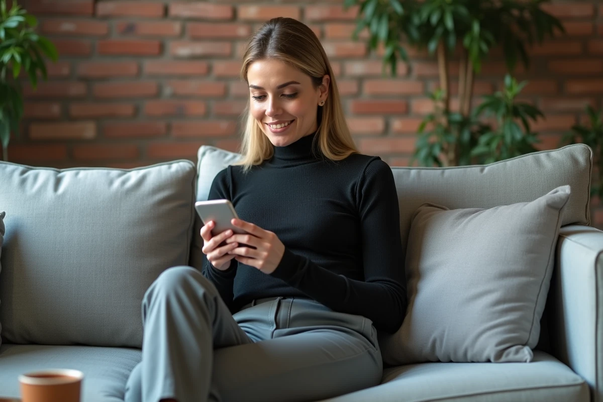 Femme consultant les réseaux sociaux sur son smartphone dans un salon moderne