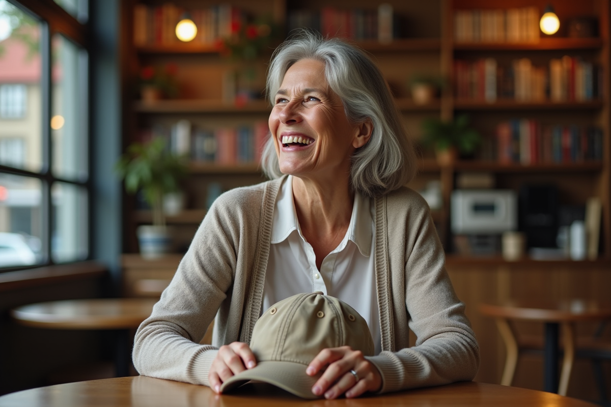 Femme souriante tenant une casquette dans un café intérieur