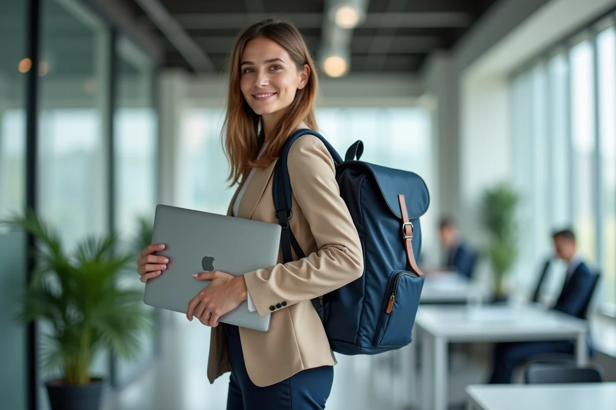 Femme professionnelle glissant un ordinateur portable 15 pouces dans un sac à dos structuré bleu marine au bureau