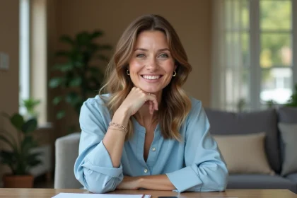 Femme souriante assise à un bureau moderne dans un salon accueillant