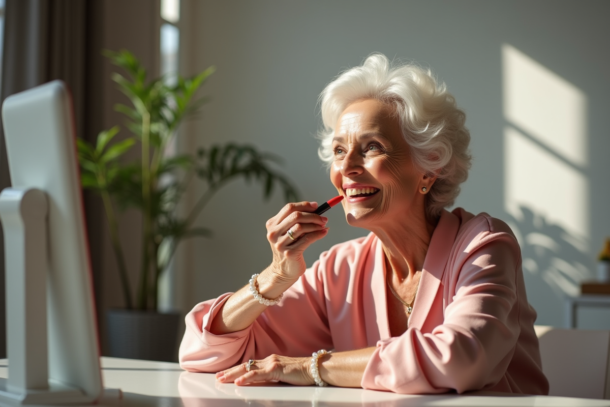 Femme senior appliquant du rouge à lèvres dans une lumière naturelle