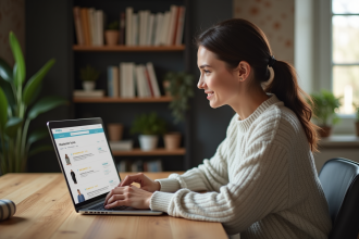 Femme assise à son bureau à la maison en train de naviguer sur un site d'achat en ligne