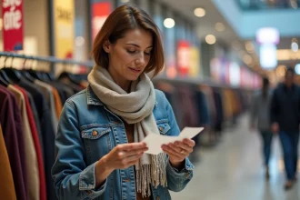 Femme examinant une étiquette de vêtement dans un centre commercial