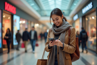 Femme souriante dans un centre commercial animé