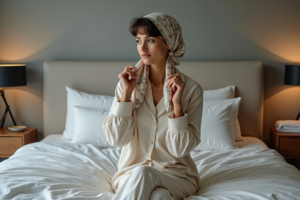 Jeune femme en pyjama ajustant un foulard en soie avant le coucher