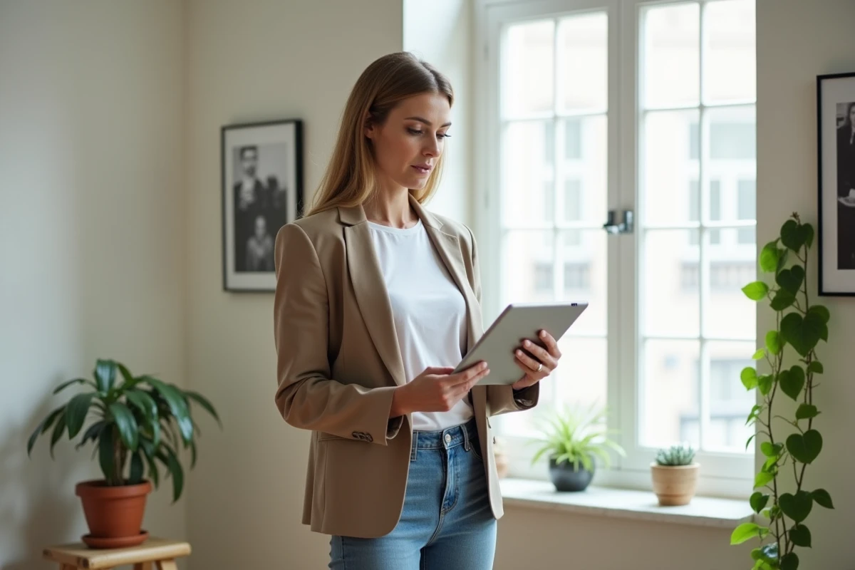Femme professionnelle consultant un site ou réseau social sur une tablette en studio