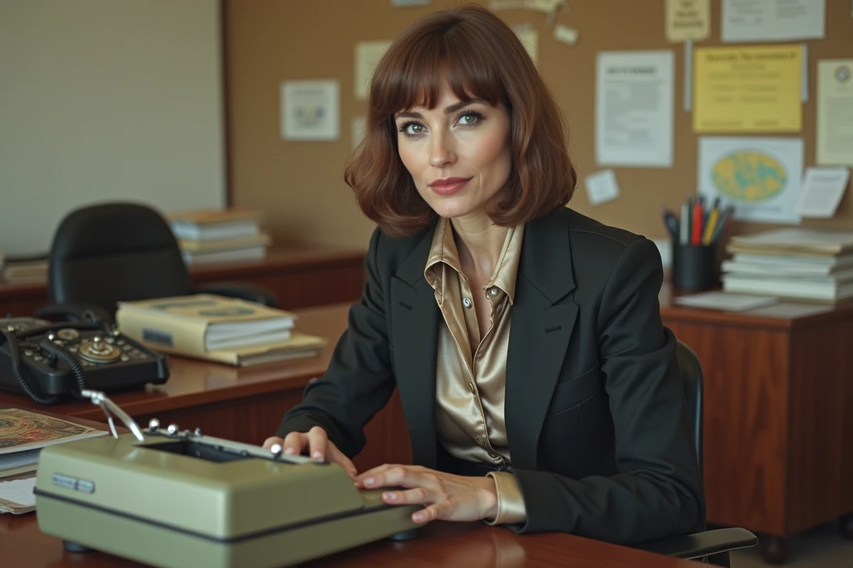 Femme au bureau des années 70 tapant à la machine