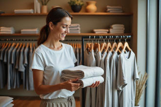 Femme souriante examine des t-shirts dans une boutique