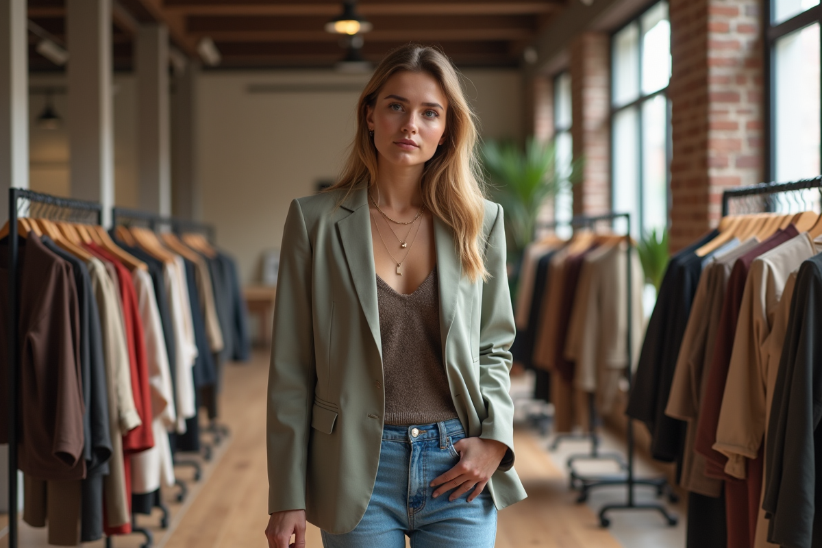 Jeune femme regardant des vêtements dans un magasin moderne