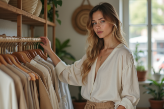 Jeune femme examine des vêtements durables dans une boutique écologique