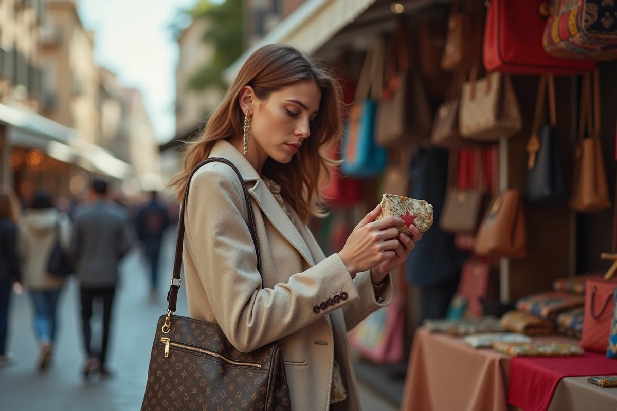 Femme examine un sac à main monogramme au marché
