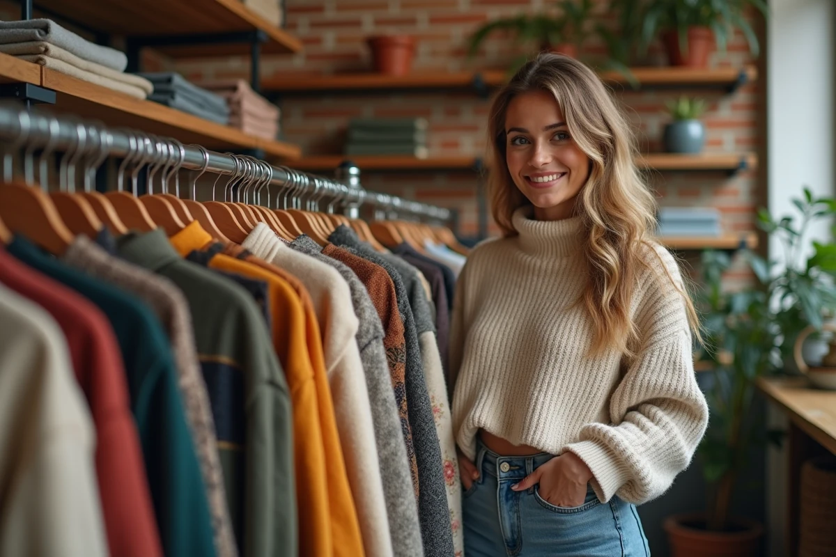 Femme souriante dans une boutique de vêtements upcycle