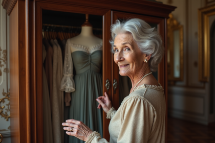 Femme élégante en robe classique dans une boutique vintage