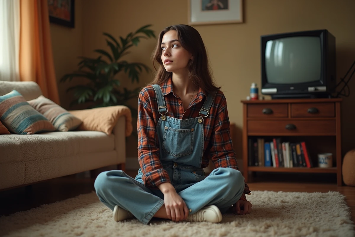 Jeune femme en salon rétro des années 90