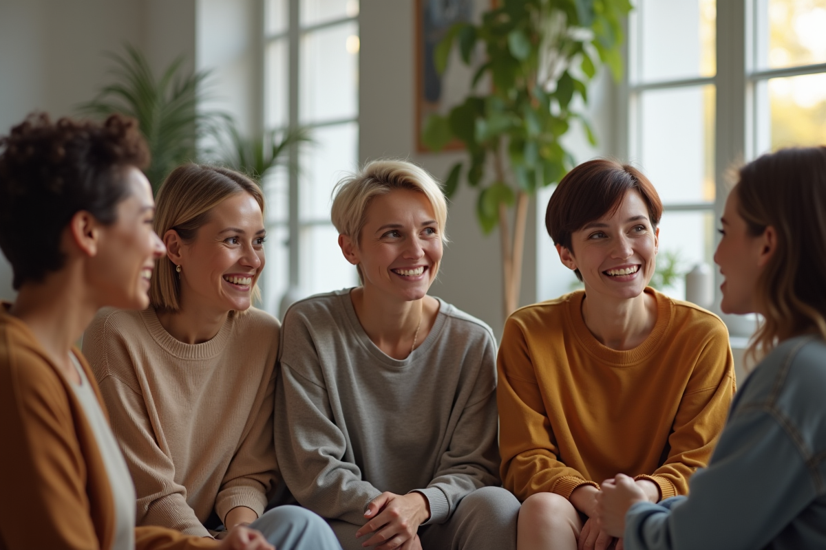 Groupe de femmes aux coupes courtes souriantes dans un salon lumineux