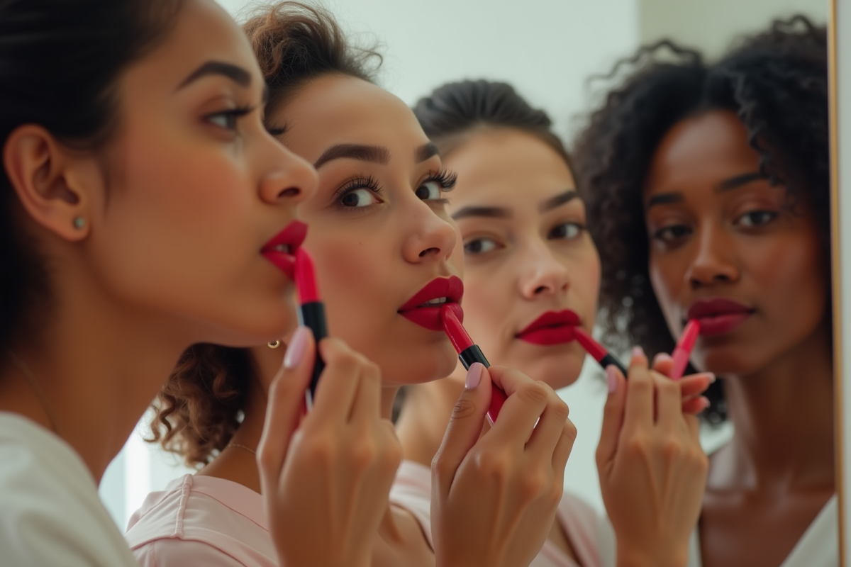 Femmes diverses essayant rouge à lèvres devant un miroir