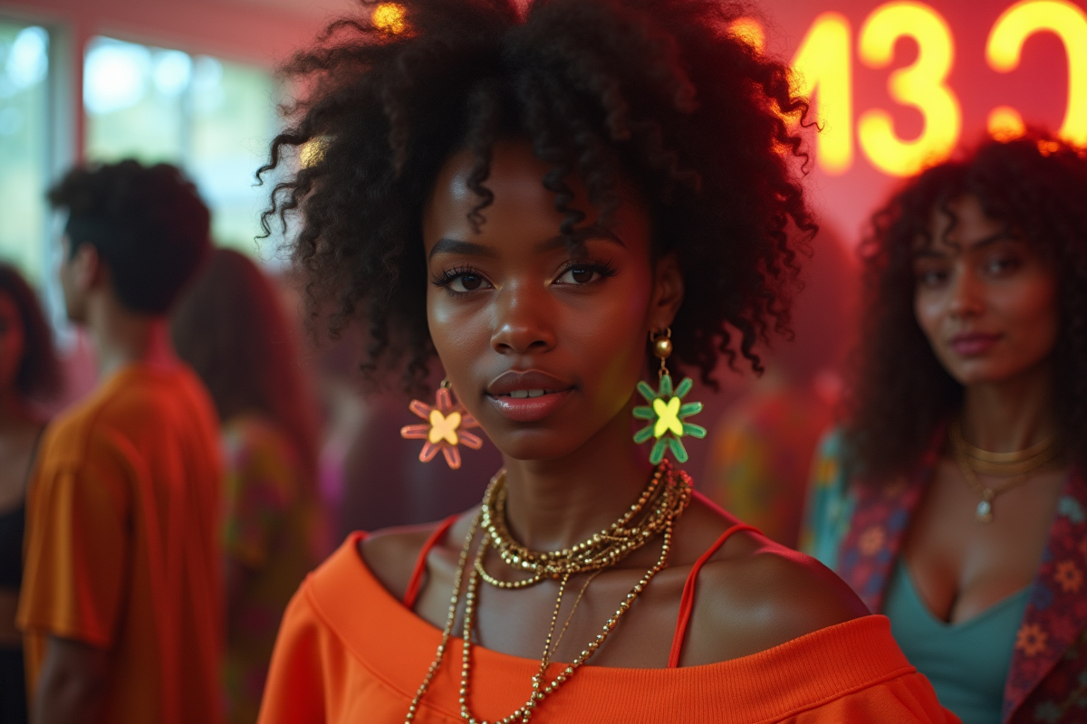 Femme avec cheveux bouclés et bijoux néon lors d