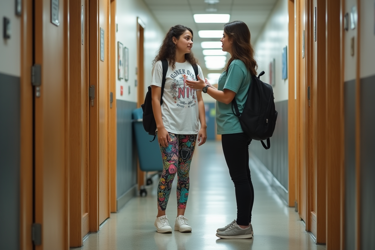 Étudiante devant un bureau scolaire avec un personnel éducatif