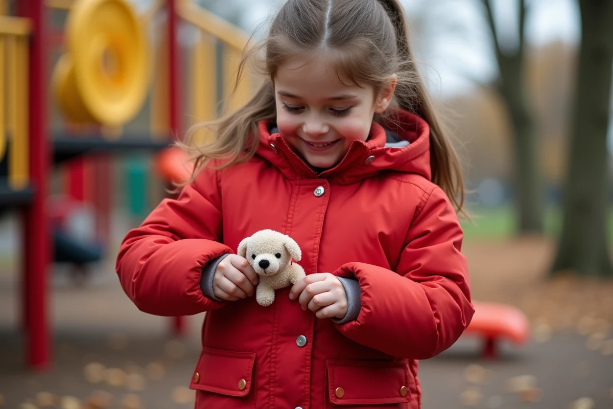 Fille jouant avec un jouet dans sa parka en plein air