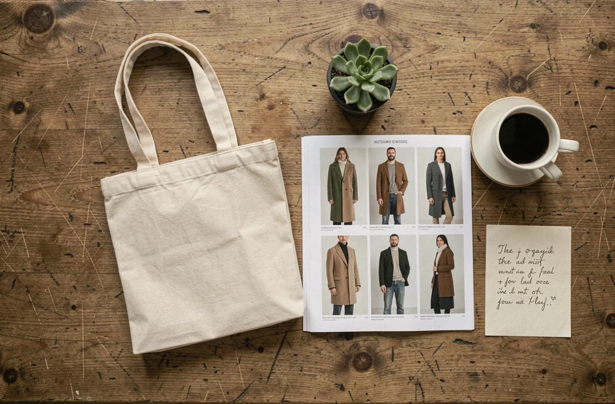 Flat lay éditorial de produits de mode durables sur un bureau en chêne avec catalogue et accessoires lifestyle