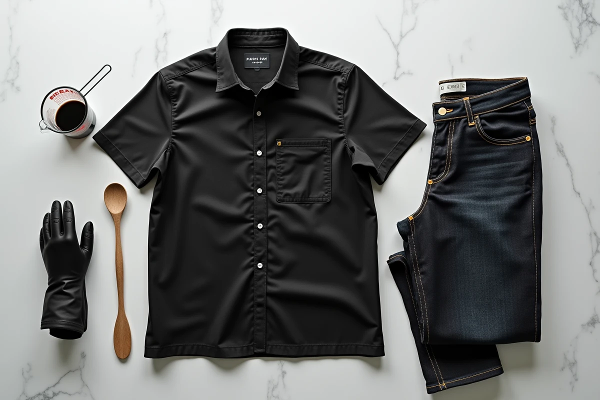 Flat lay de vêtements noirs, colorant textile et accessoires pour la teinture et l'entretien du noir