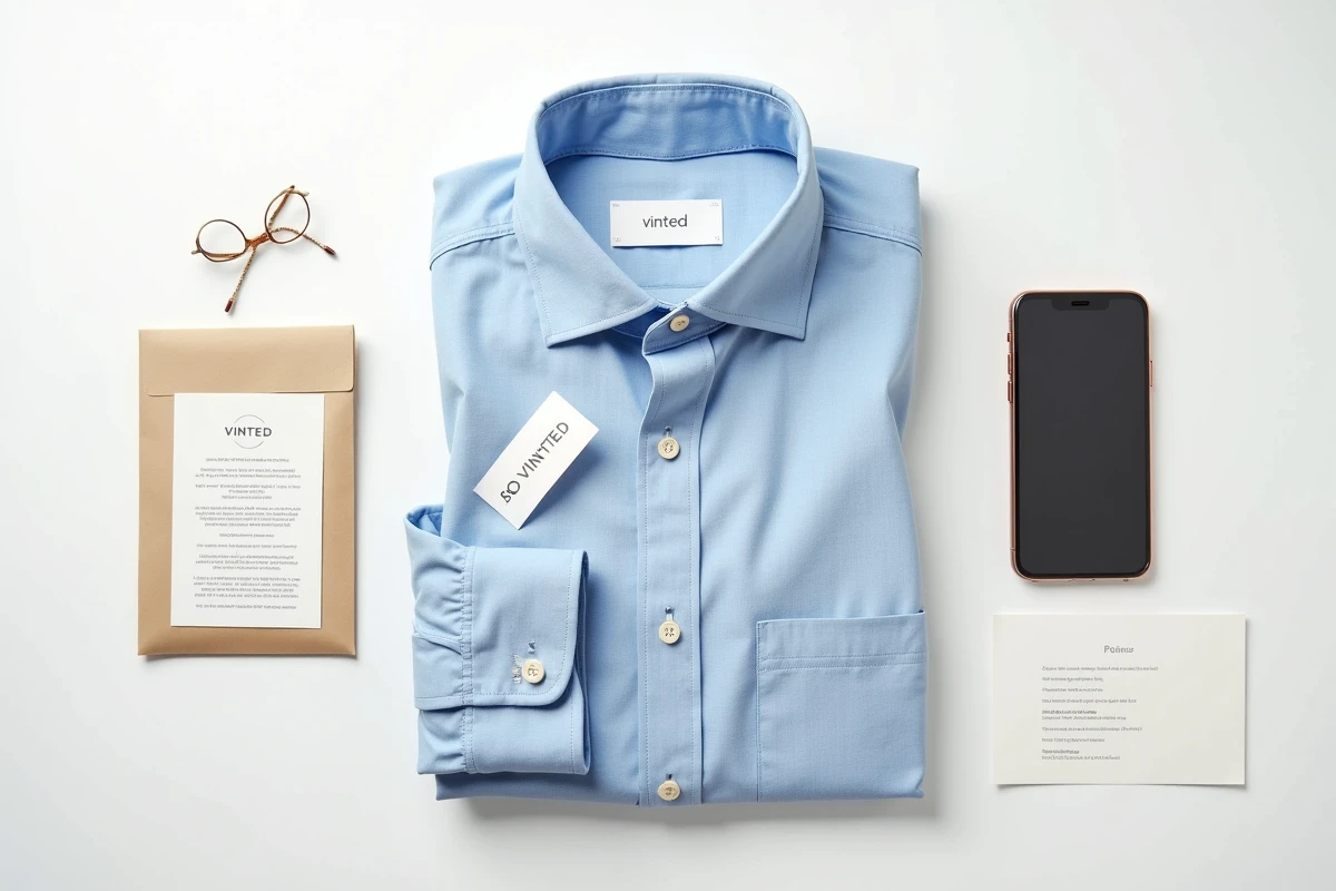 Flat lay Vinted avec étiquette d'envoi et astuces pour obtenir les frais de port gratuits